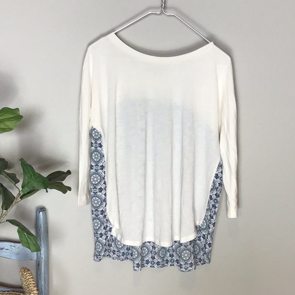 LOFT White and Blue Mixed-Media Long Sleeve Tee